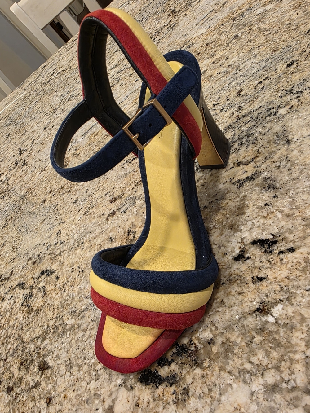 Tory Burch Navy, Red & Yellow Suede Colorblock Block Heel Sandals